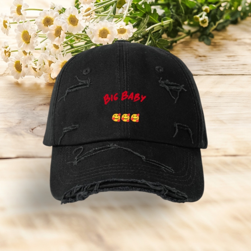 Black Distressed Cap with Red Embroidery